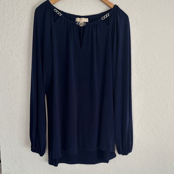 Michael Kors 1X Navy Blue Blouse Silver Chain Tunic Top Office Cocktail Party - Picture 1 of 8